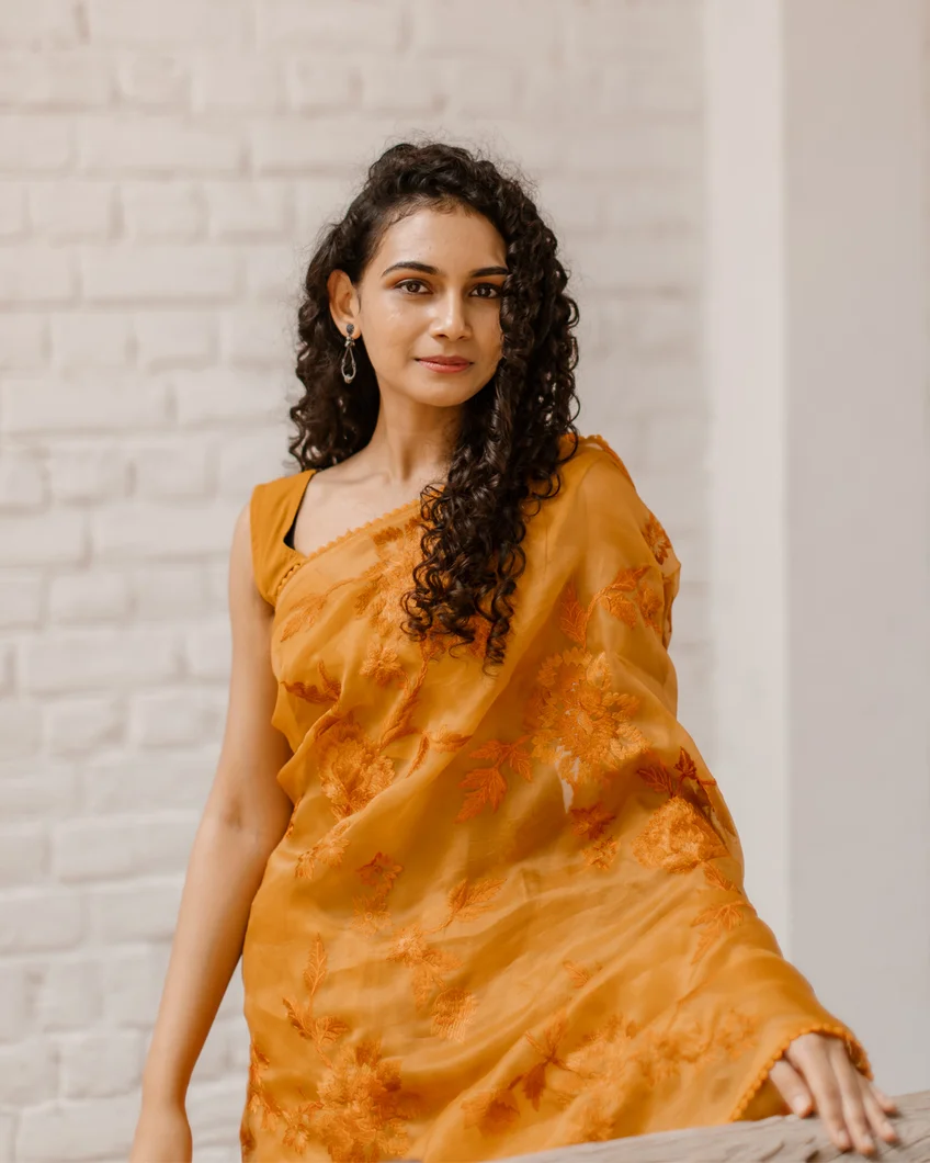 Yellow Kora Organza Embroidery Saree T4330224