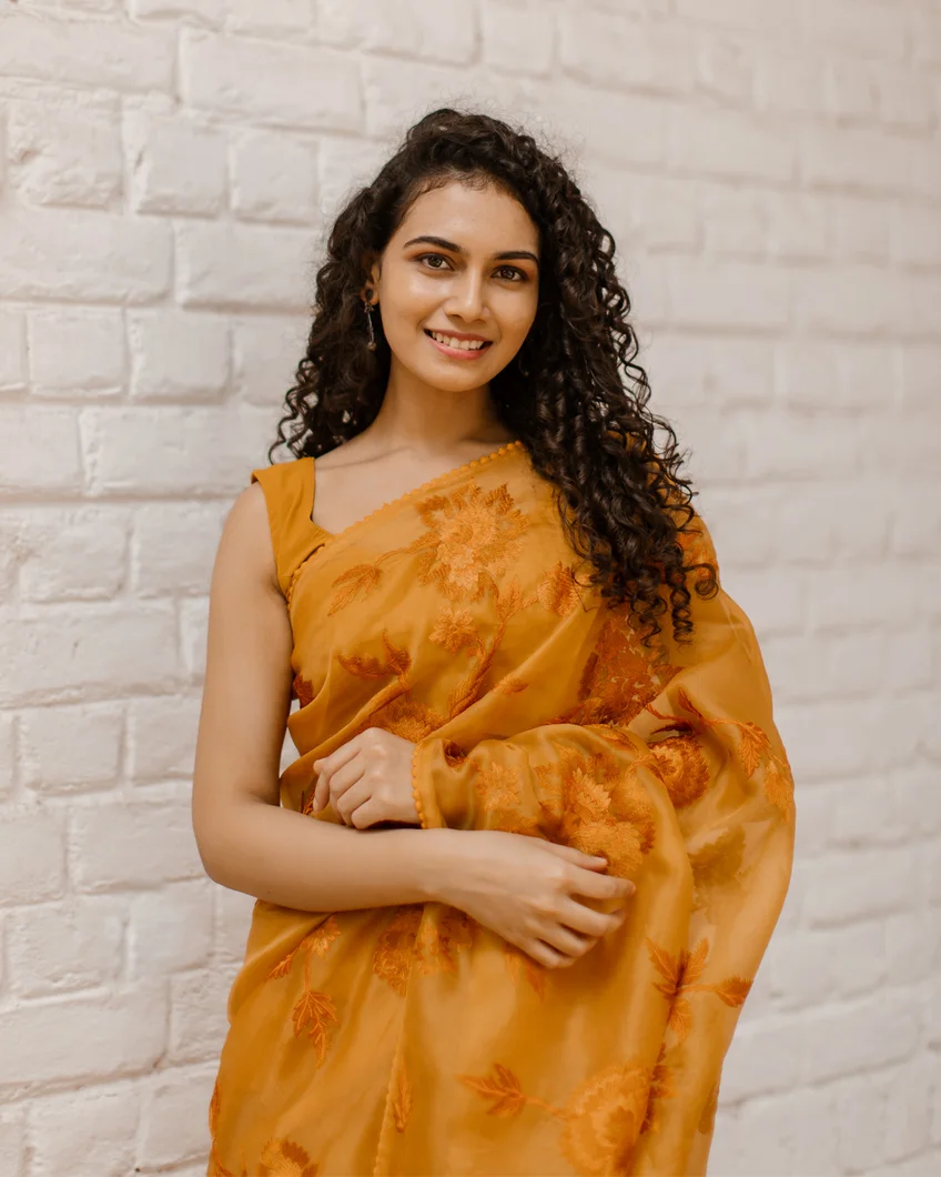 Yellow Kora Organza Embroidery Saree T4330225