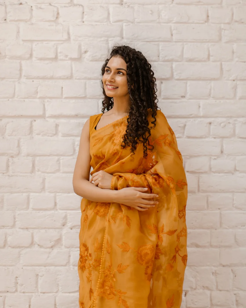 Yellow Kora Organza Embroidery Saree T4330226