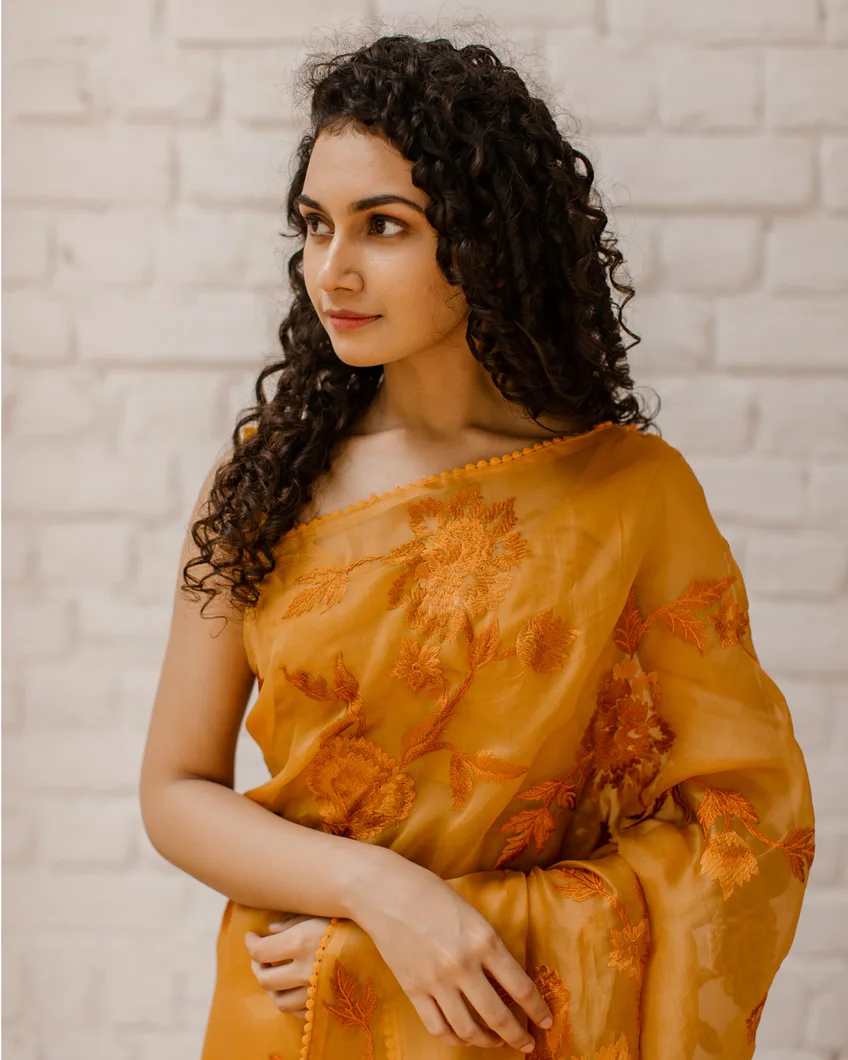 Yellow Kora Organza Embroidery Saree T4330227