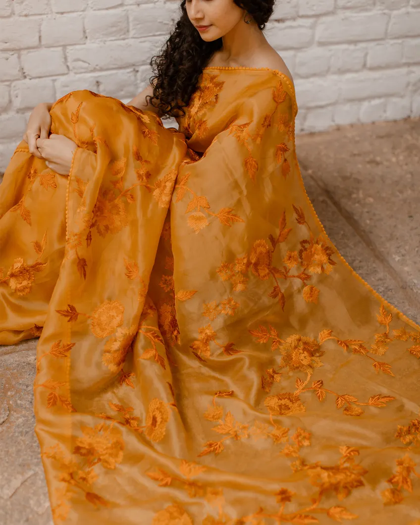 Yellow Kora Organza Embroidery Saree T4330229