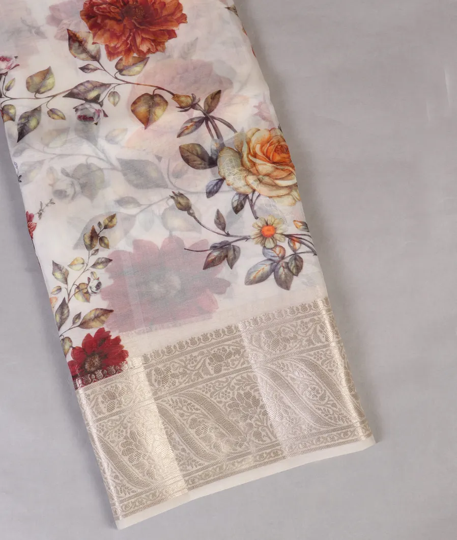 White Kora Organza Printed Saree T441642-image