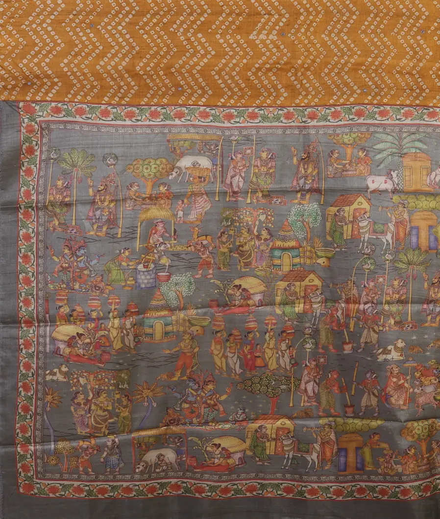 Yellow Tussar Printed Saree T4450634