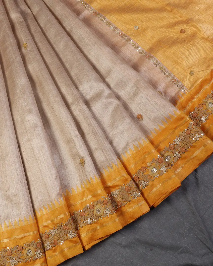 Beige Tussar Embroidery Saree T4556292