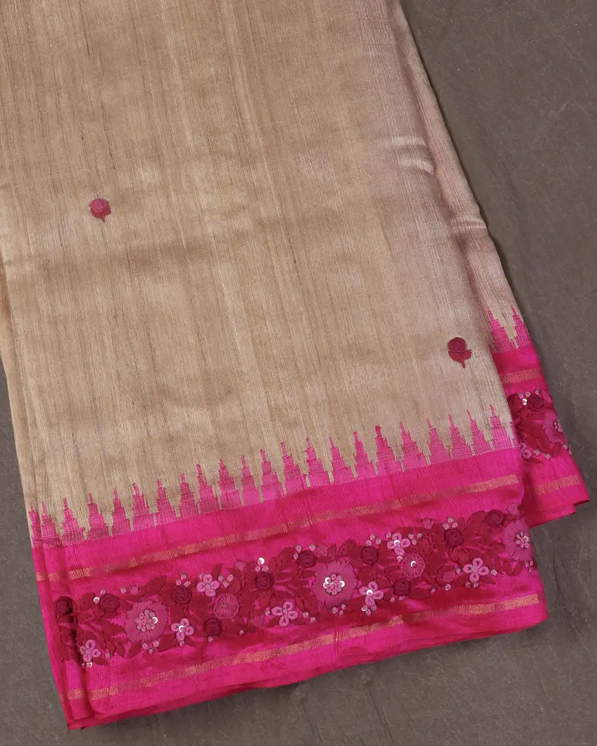 Beige Tussar Embroidery Saree T455625-image
