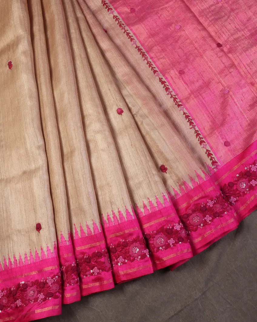 Beige Tussar Embroidery Saree T4556252