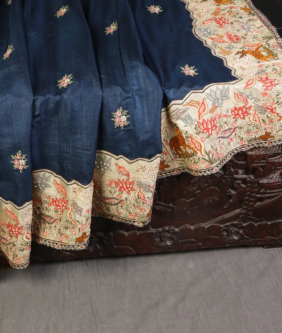 Blue Tussar Hand Embroidery Saree T4539472