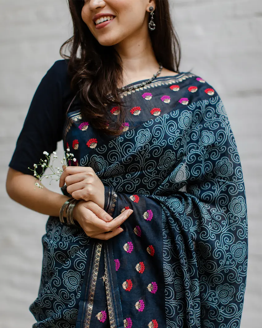 Blue Tussar Printed Saree T3943524