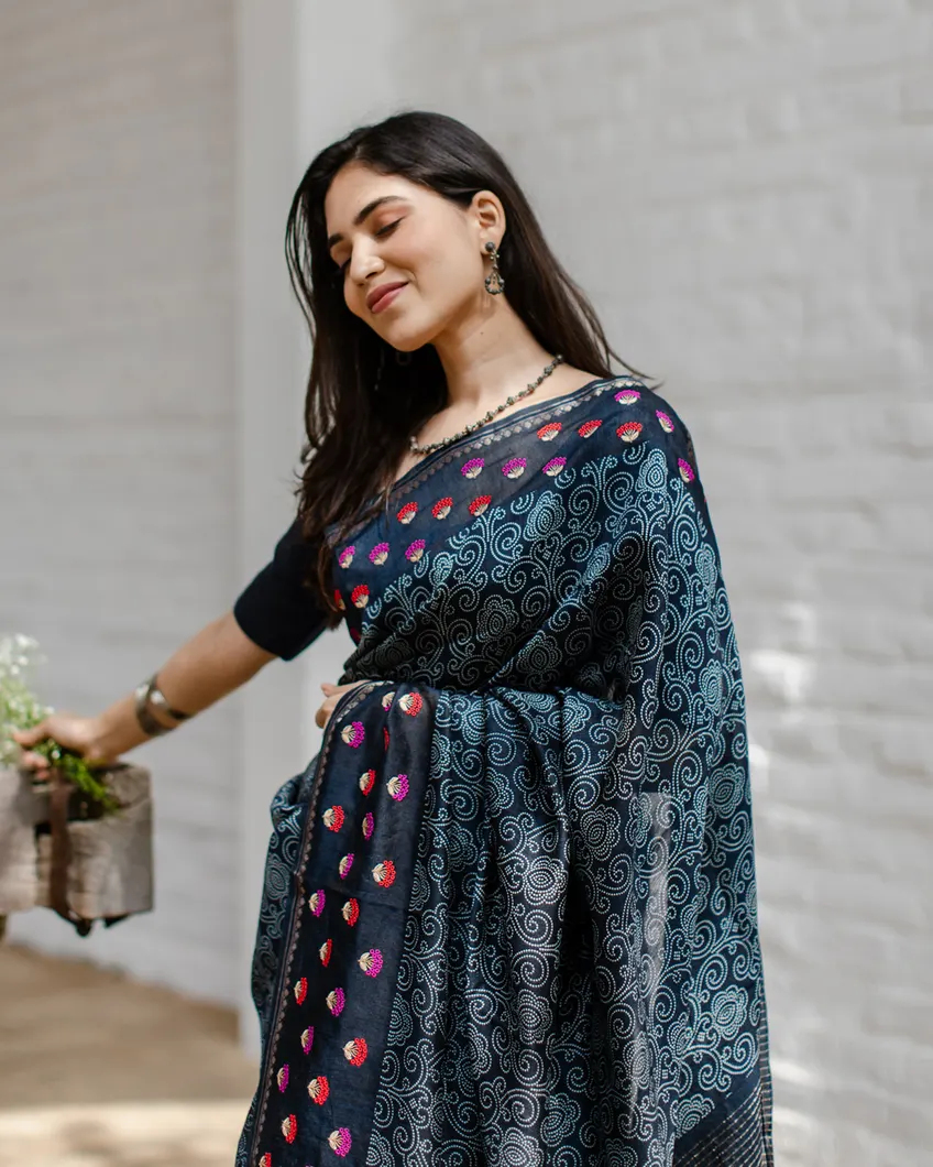 Blue Tussar Printed Saree T3943525