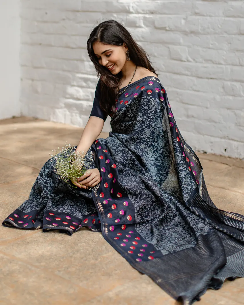 Blue Tussar Printed Saree T3943526