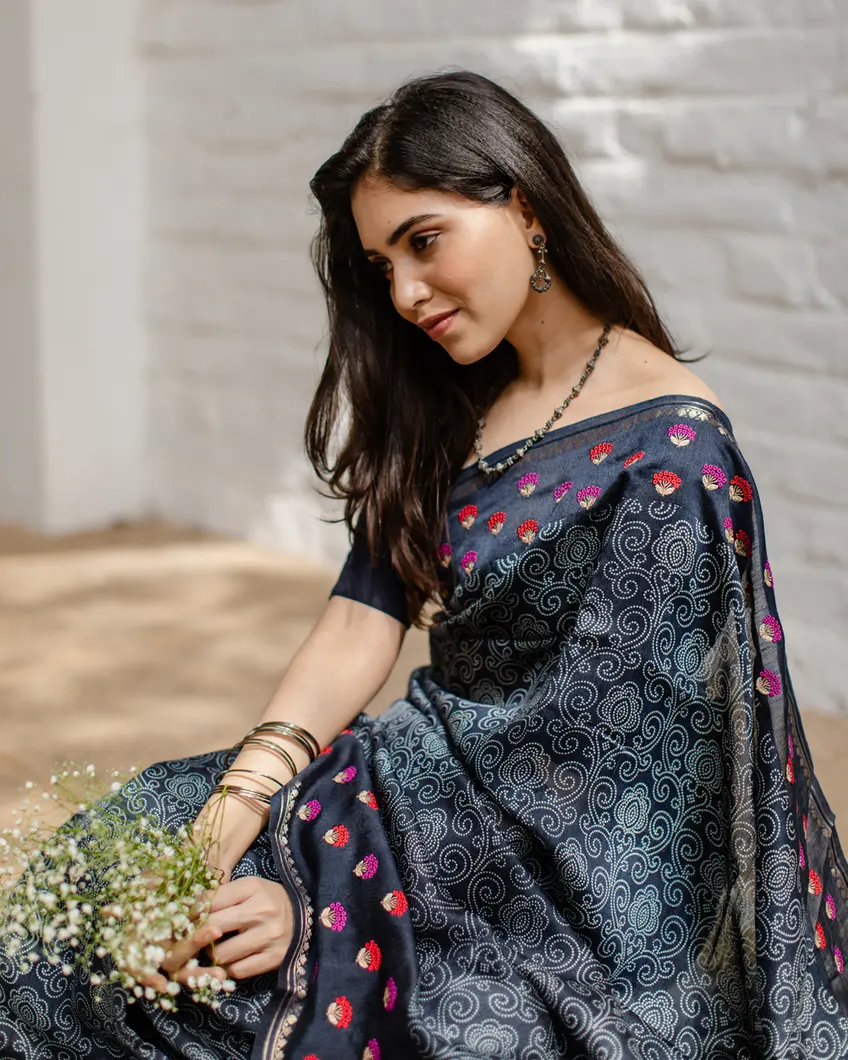 Blue Tussar Printed Saree T3943527