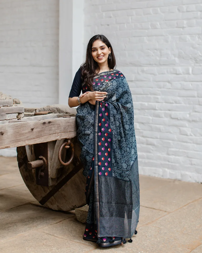 Blue Tussar Printed Saree T3943529