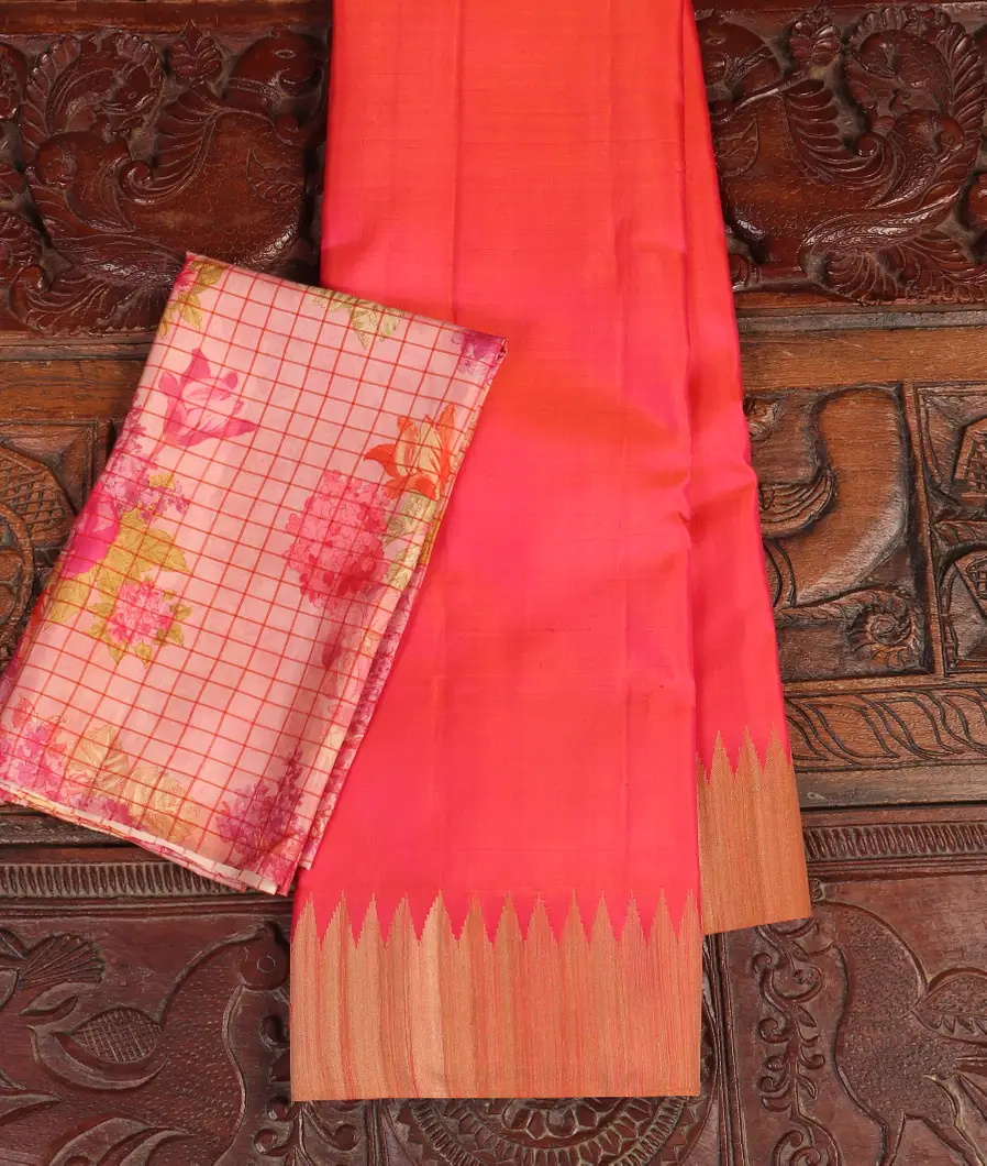 Orangish Pink Handwoven Kanjivaram Silk Saree T457896-image
