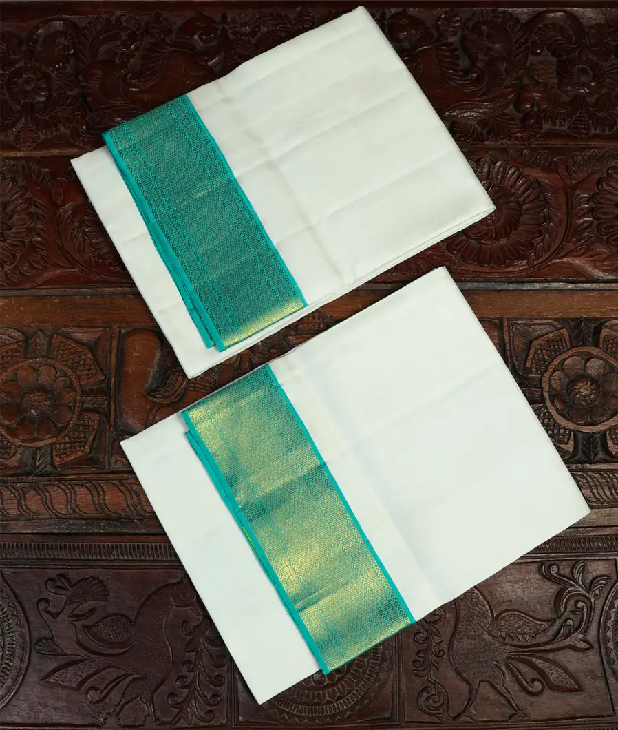 White Handwoven Kanjivaram Silk Dhoti and Vastharam T449585-image