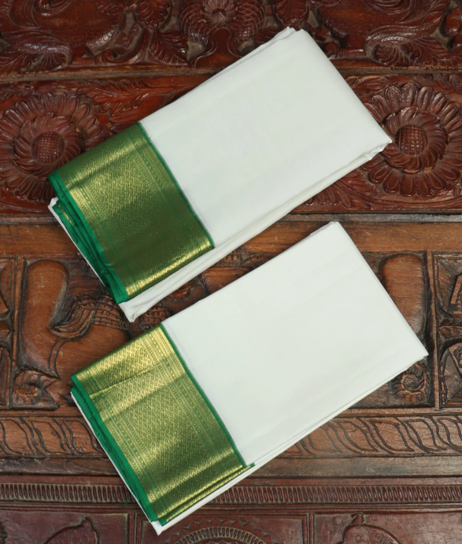 White Handwoven Kanjivaram Silk Dhoti and Vastharam T439347-image