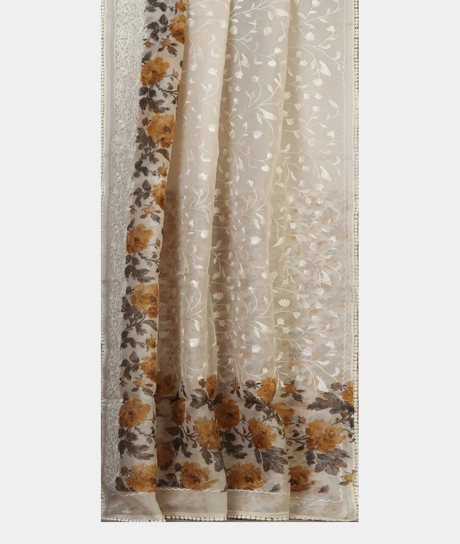 Off - White Kora Organza Embroidery Saree T4462682