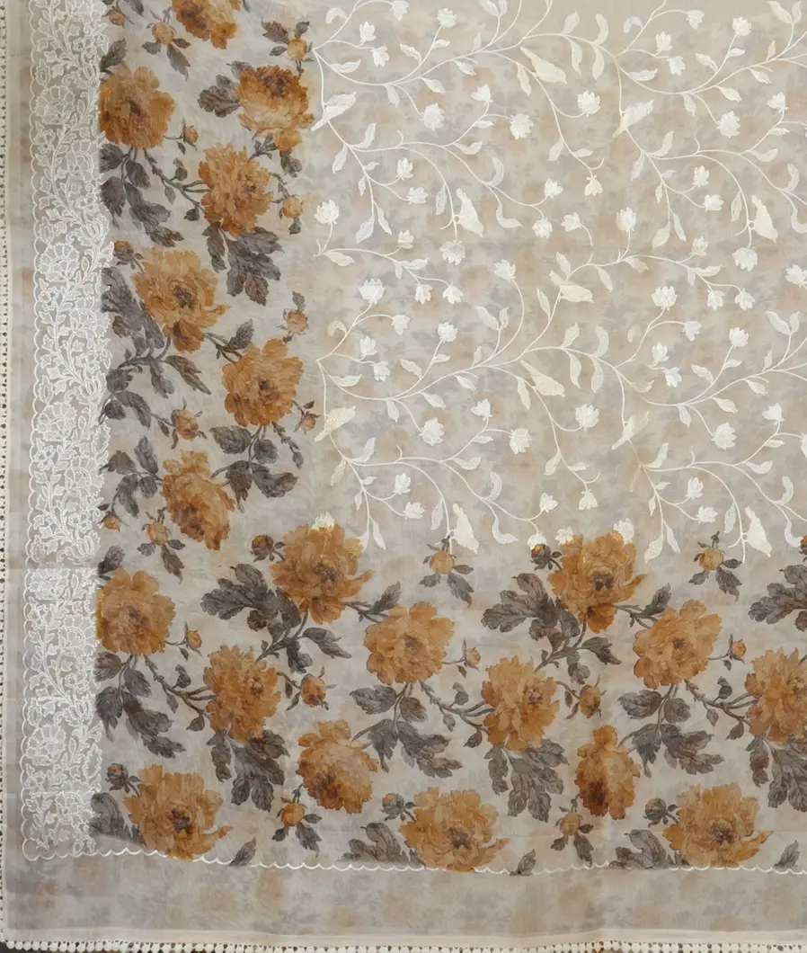 Off - White Kora Organza Embroidery Saree T4462684