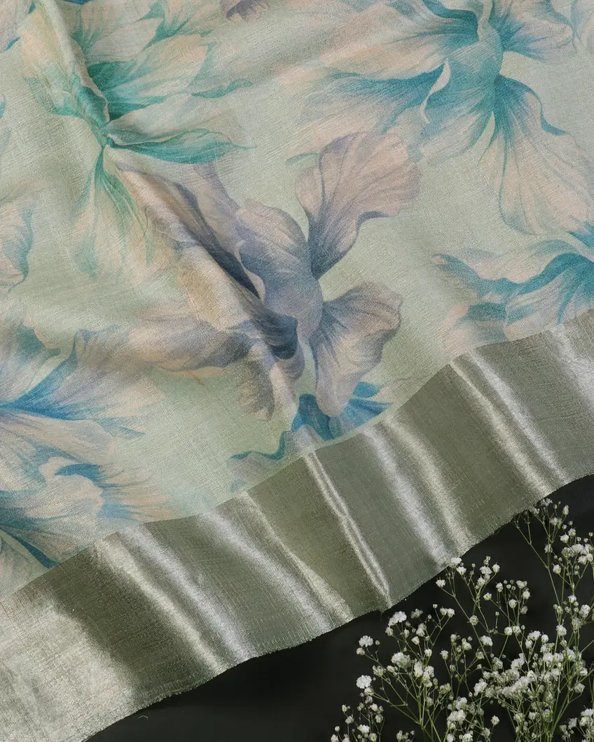 Powder Blue Tussar Printed Saree T457694(Shipping - 10 to 15 business days)-image