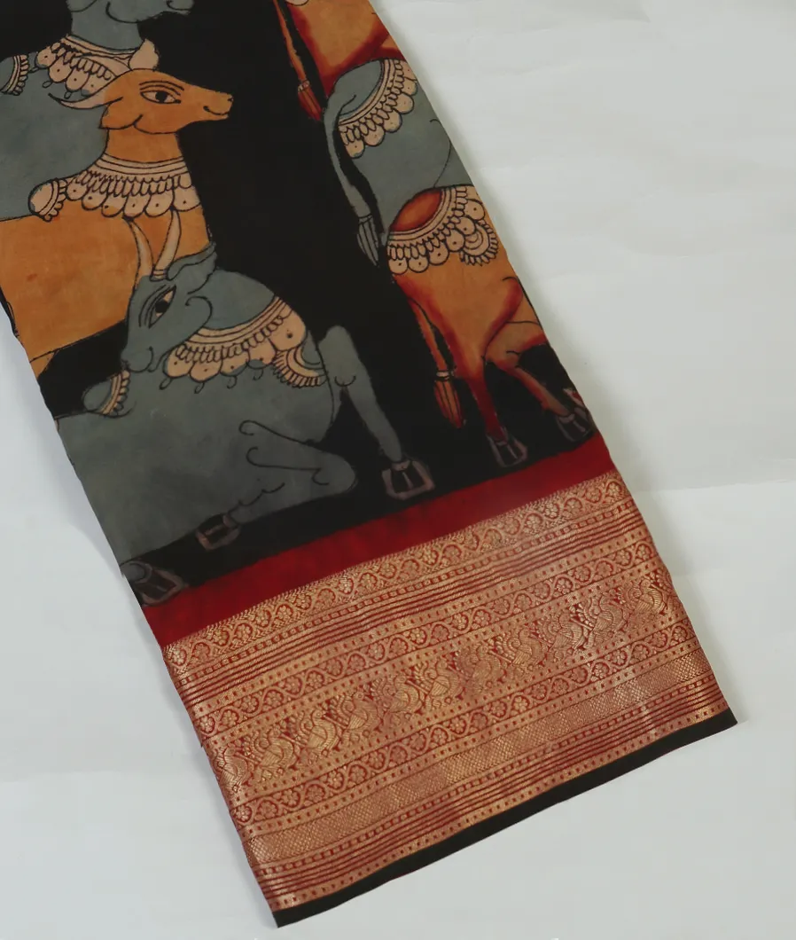 Black crepe Kalamkari Handpainted Saree T456742-image
