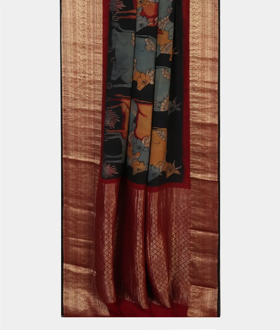 Black crepe Kalamkari Handpainted Saree T4567422