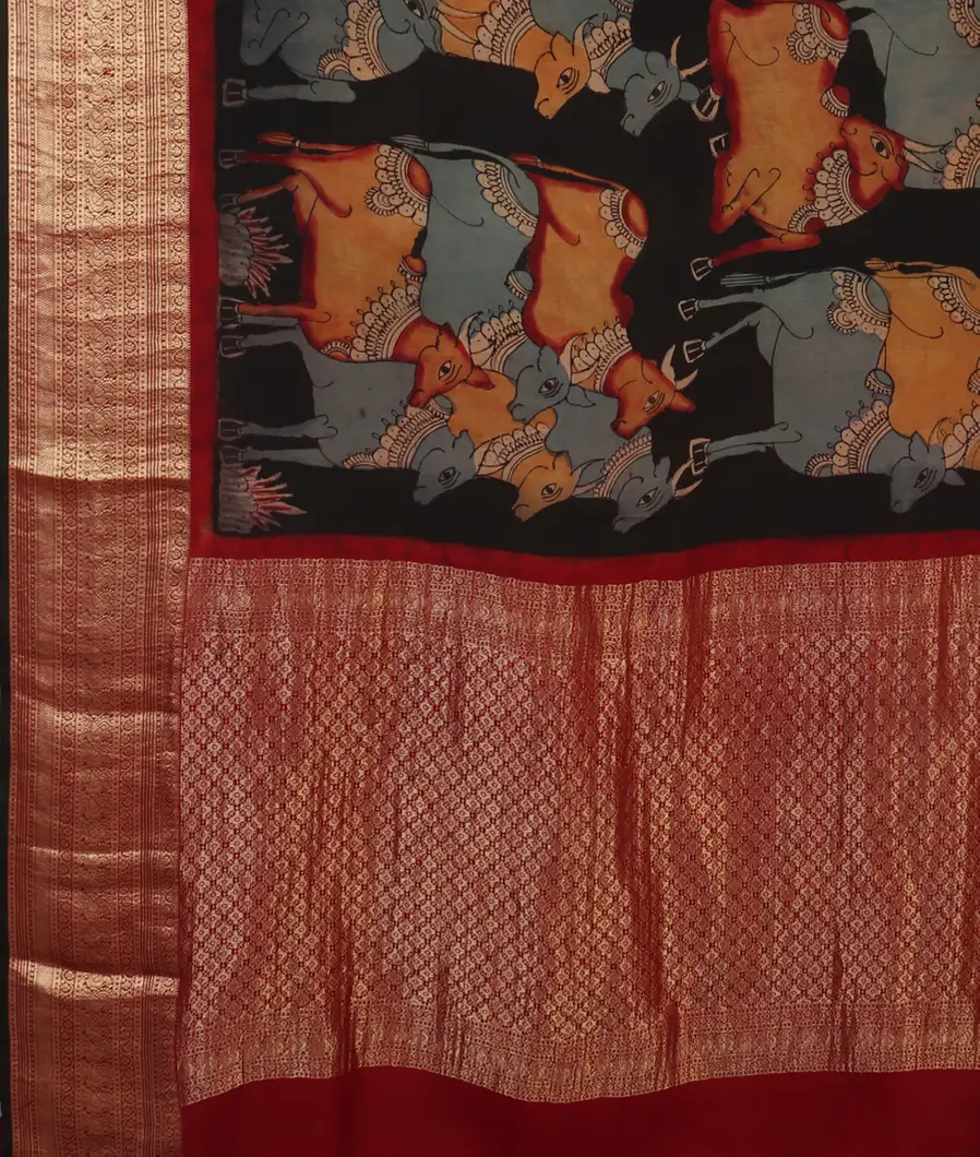 Black crepe Kalamkari Handpainted Saree T4567424