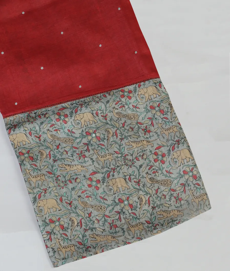 Red Tussar Embroidery Saree T410331-image