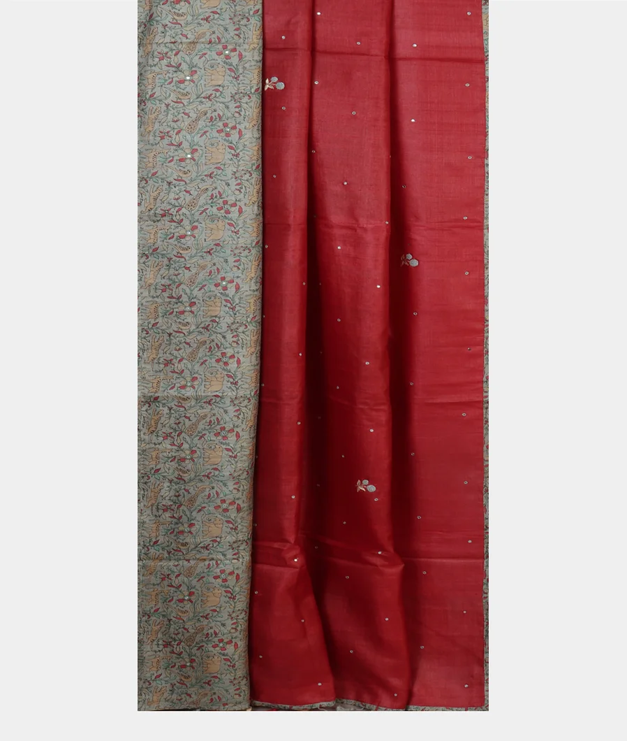 Red Tussar Embroidery Saree T4103312