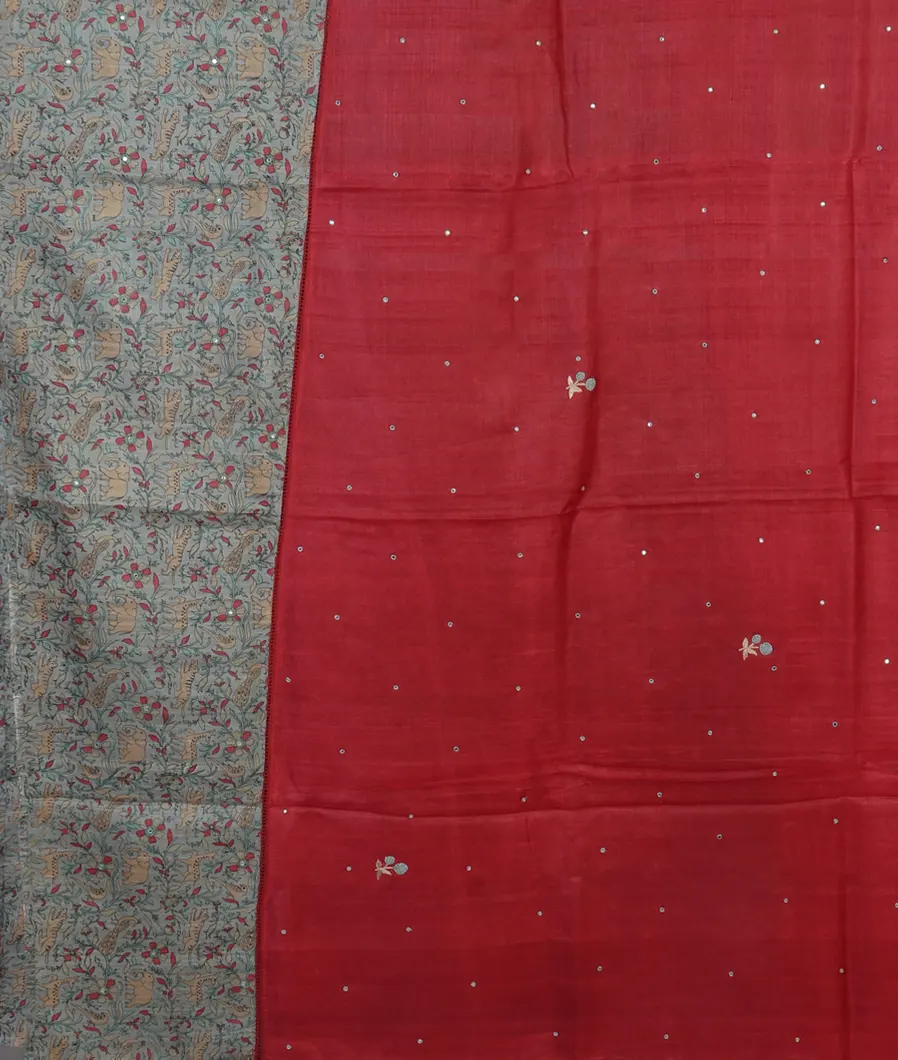 Red Tussar Embroidery Saree T4103314