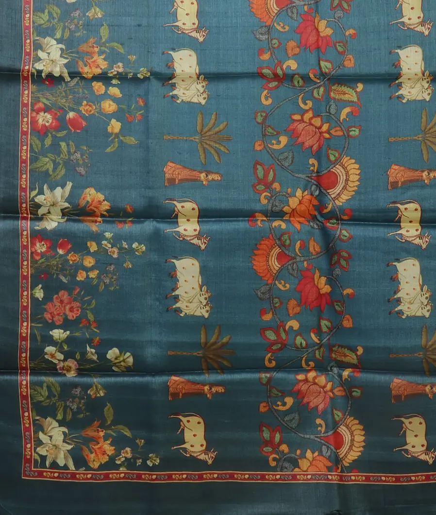 Blue Tussar Printed Saree T4320434