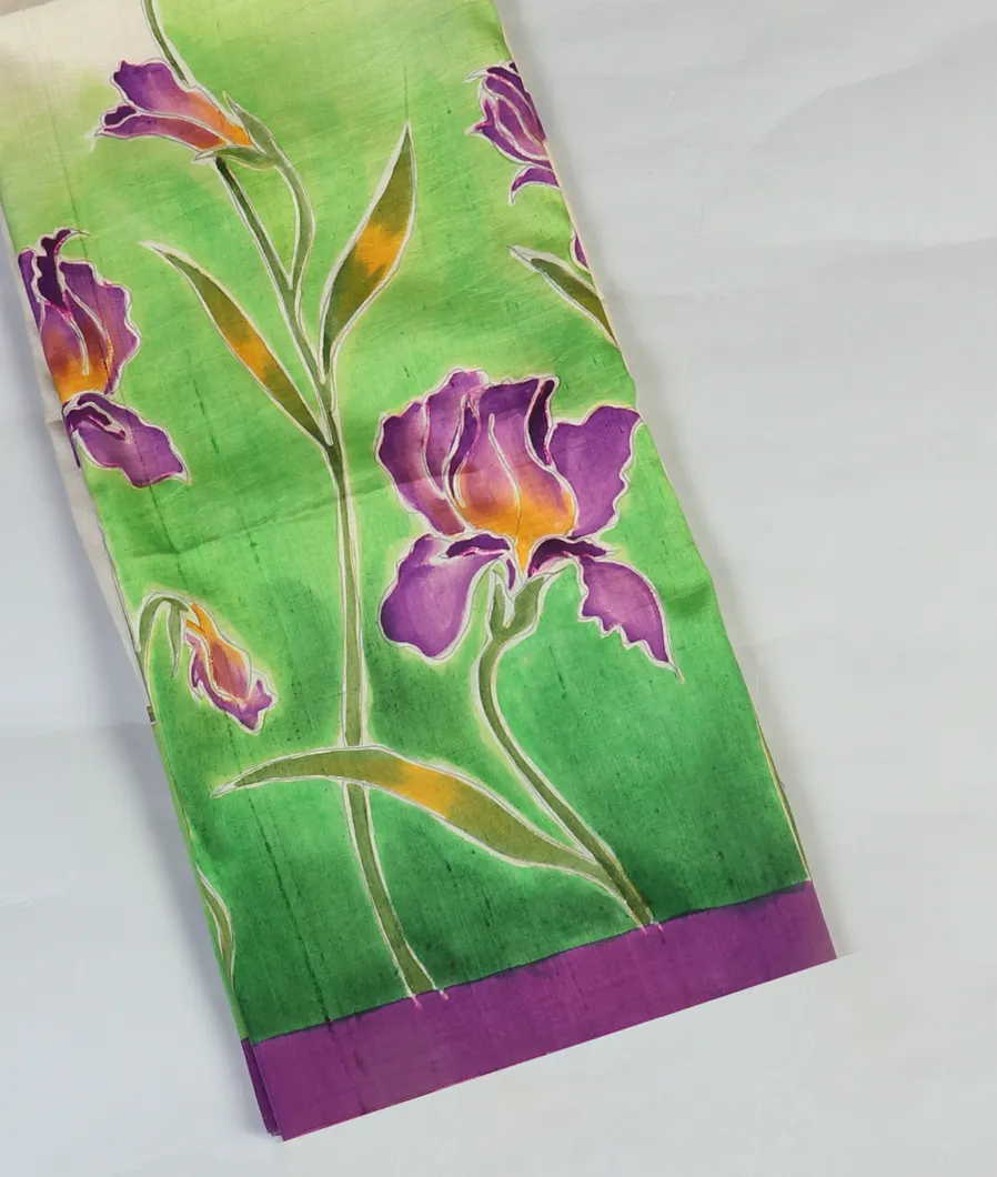 Green and Cream Handpainted Silk Saree T433191-image