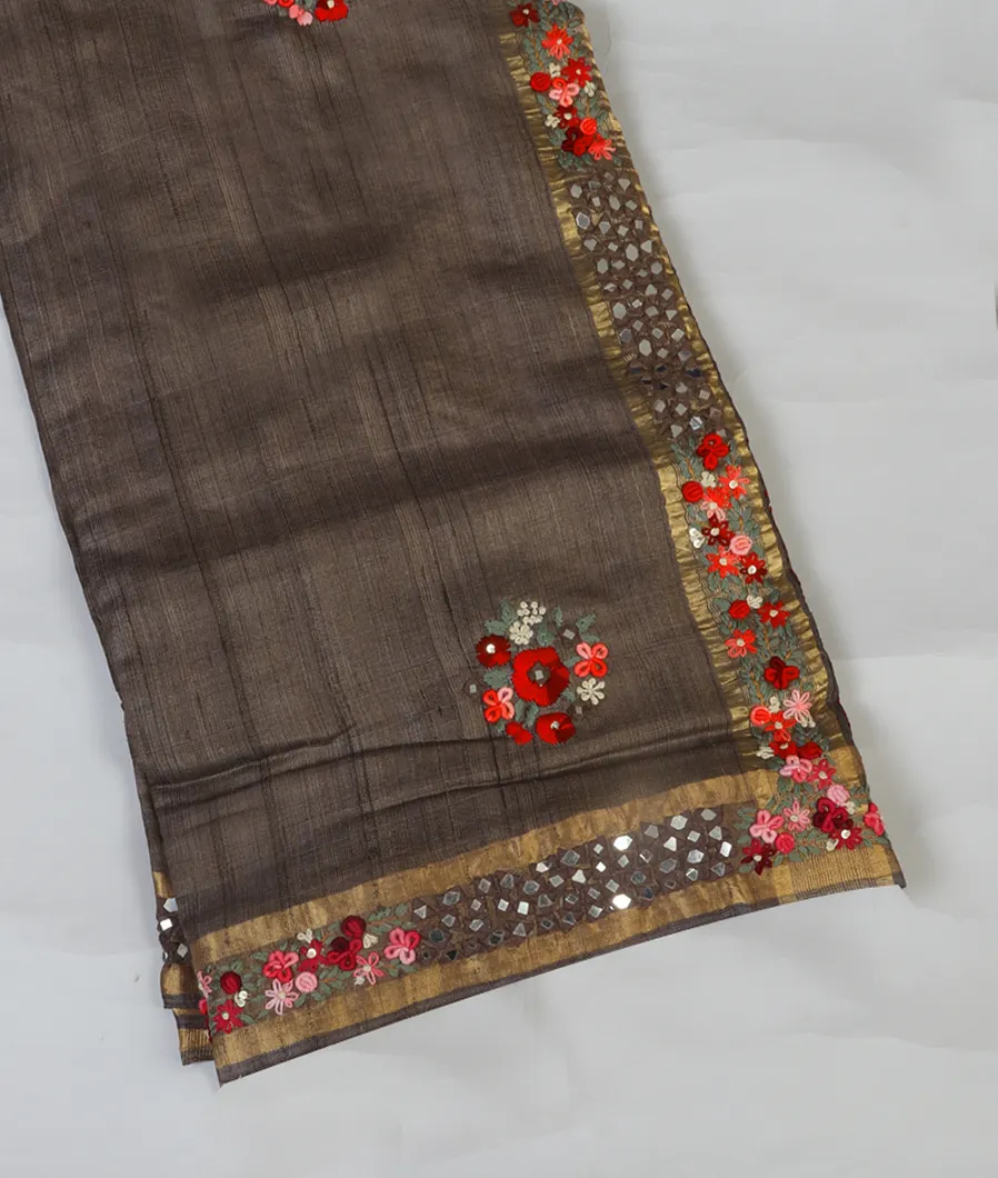 Brown Tussar Embroidery saree T458222-image