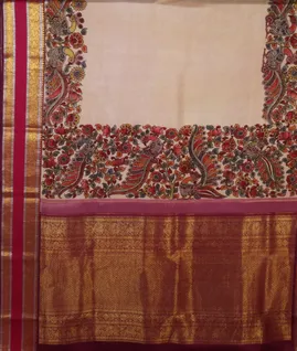 Beige Kalamkari Handpainted Silk Saree T4083514