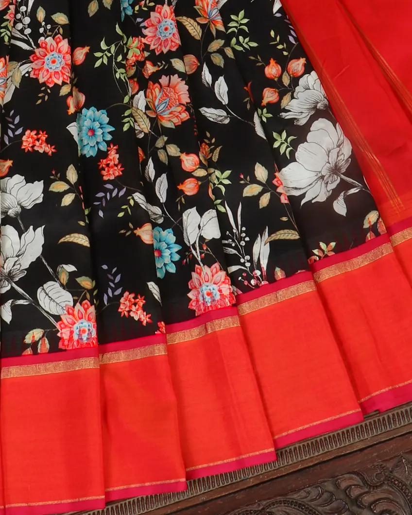 Black Printed Soft Silk Saree T4598232