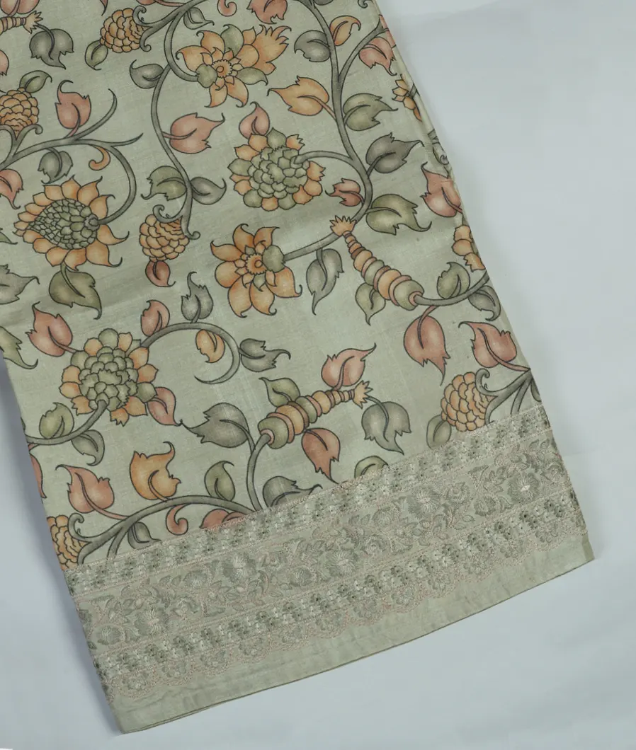 Greenish Grey Tussar Printed Saree T393566-image