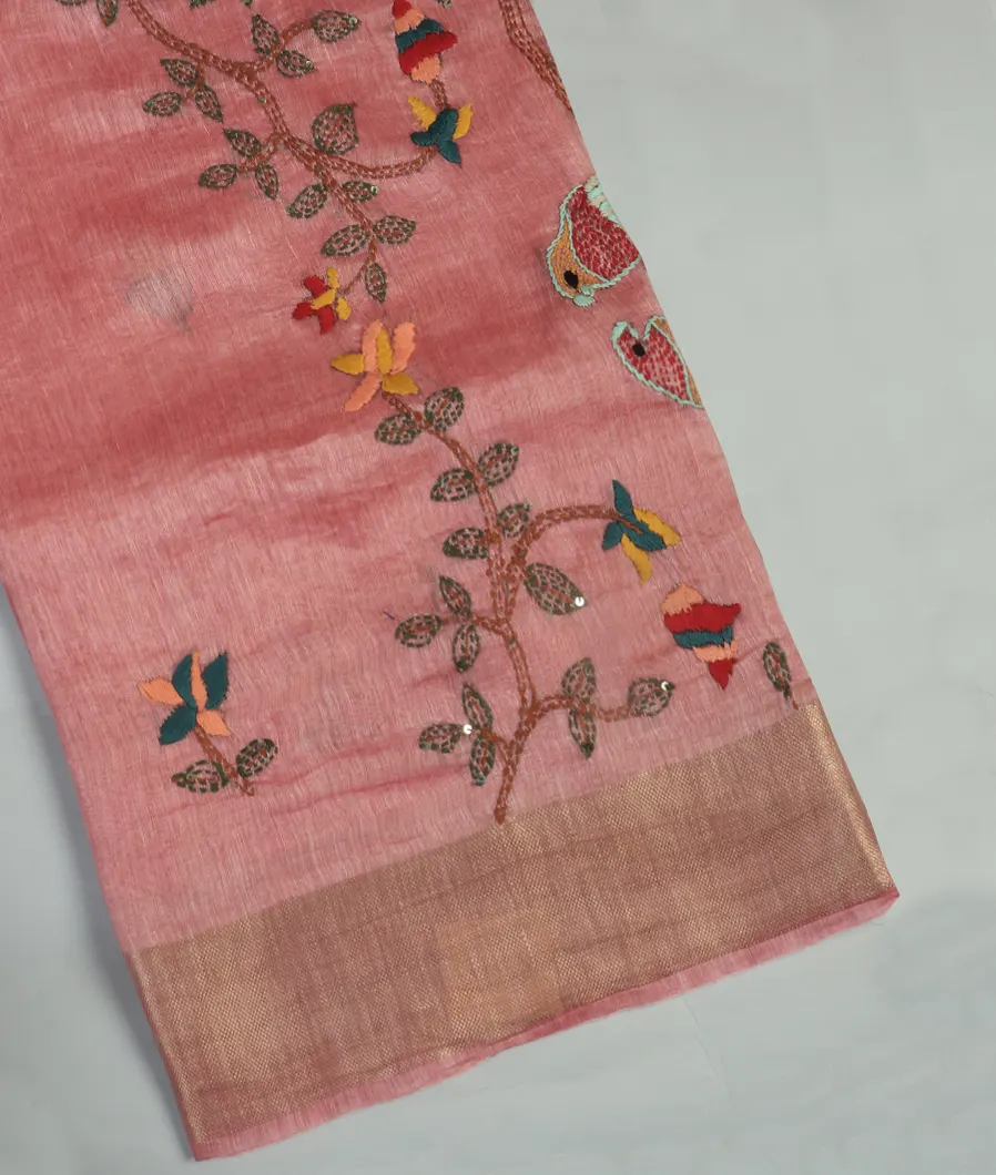 Pink Linen Embroidery Saree T451733-image