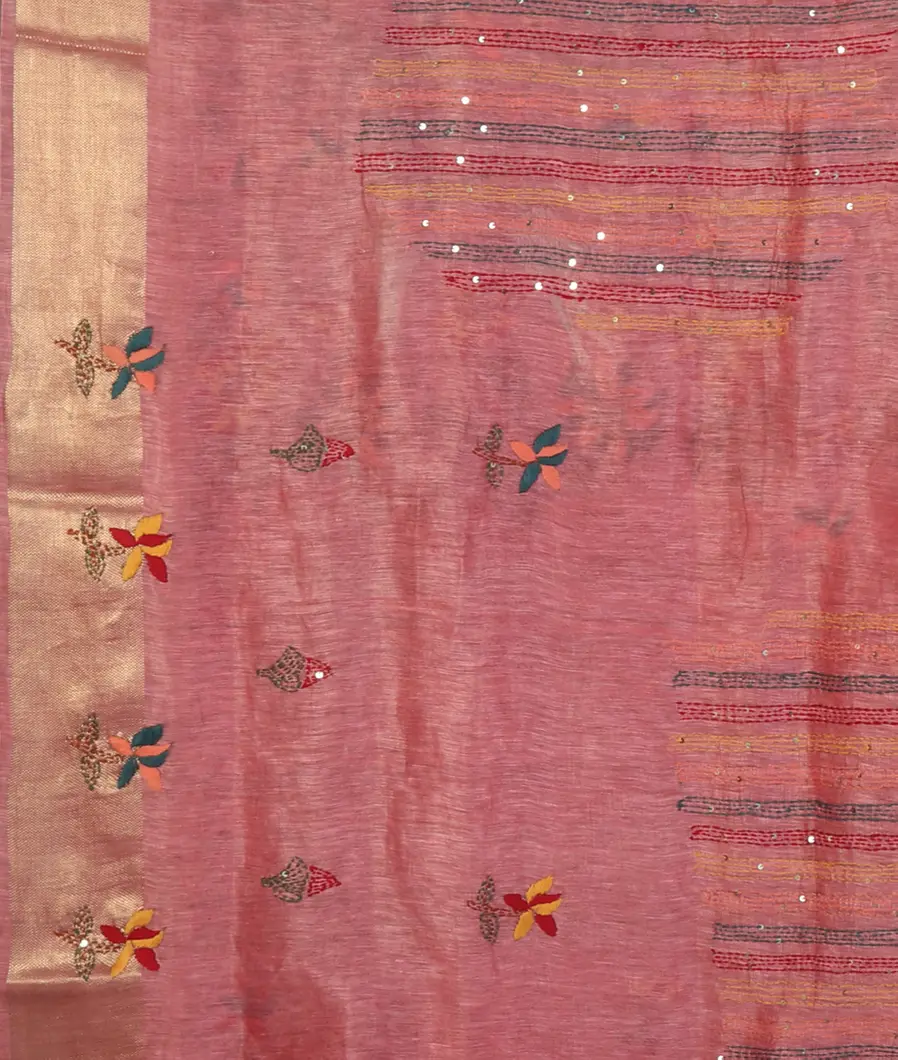 Pink Linen Embroidery Saree T4517333