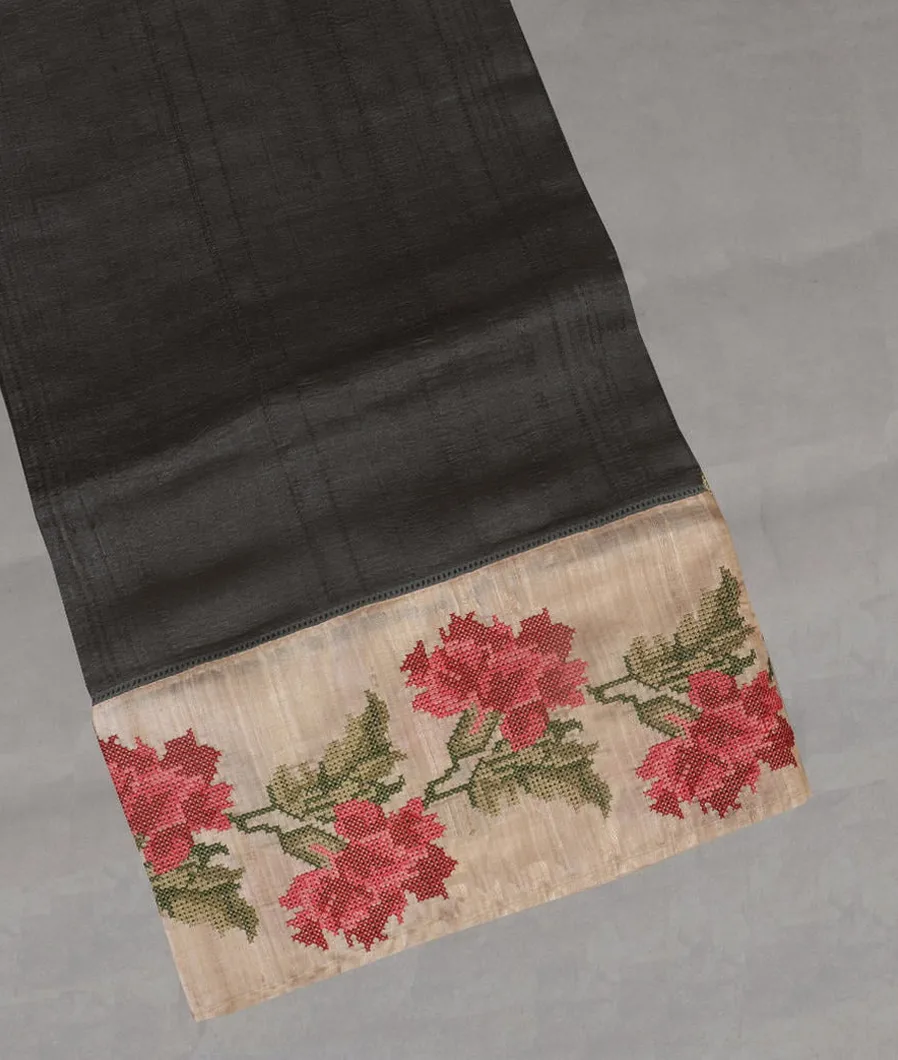 Black Tussar Embroidery Saree T426014-image