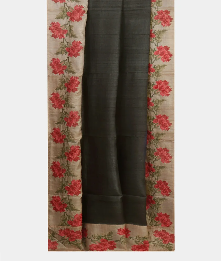 Black Tussar Embroidery Saree T4260142
