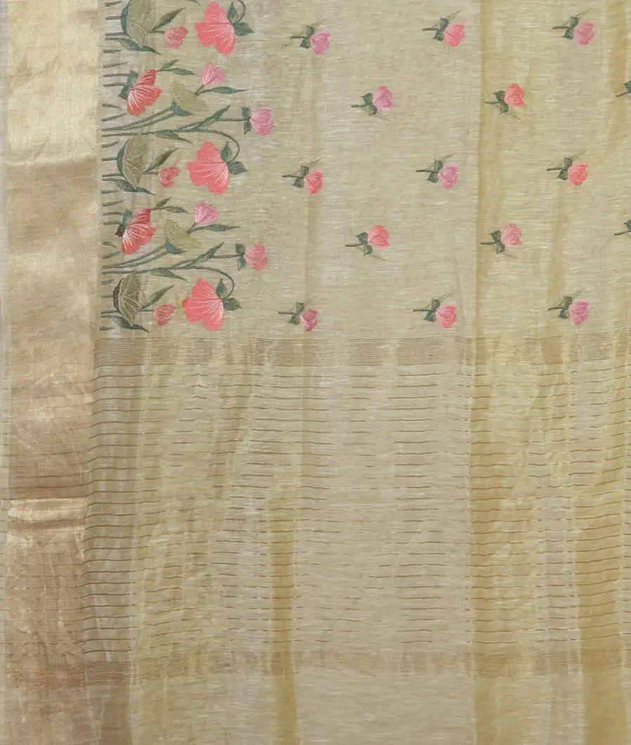 Cream Linen Embroidery Saree T4533174