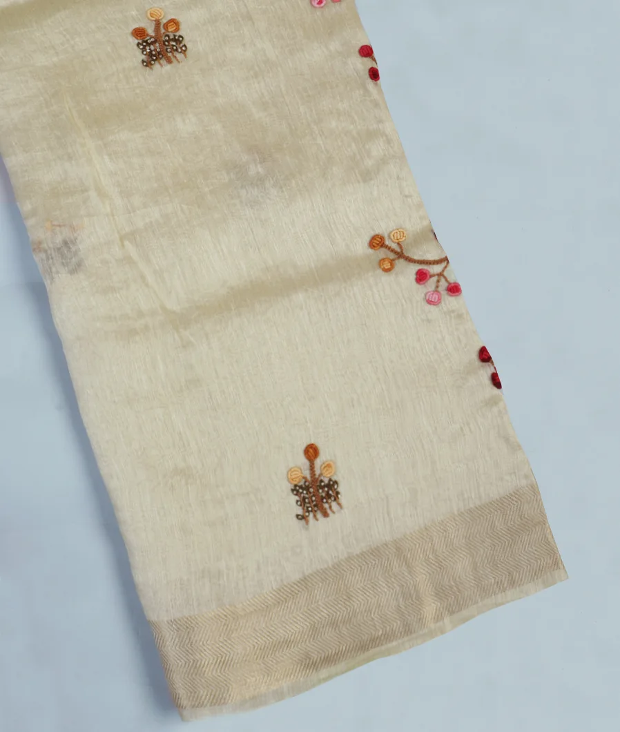 Off - White Linen Embroidery Saree T454349-image