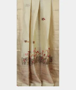 Off - White Linen Embroidery Saree T4543492