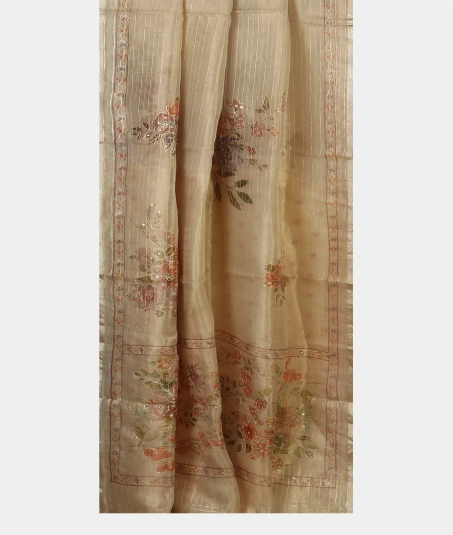 Beige Kora Tissue Organza Embroidery Saree T4573512