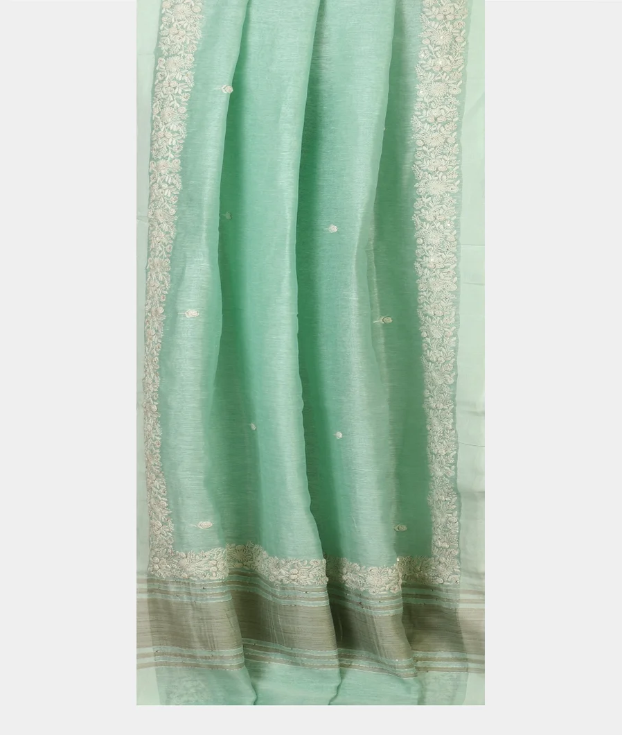 Green Linen Embroidery Saree T4582402