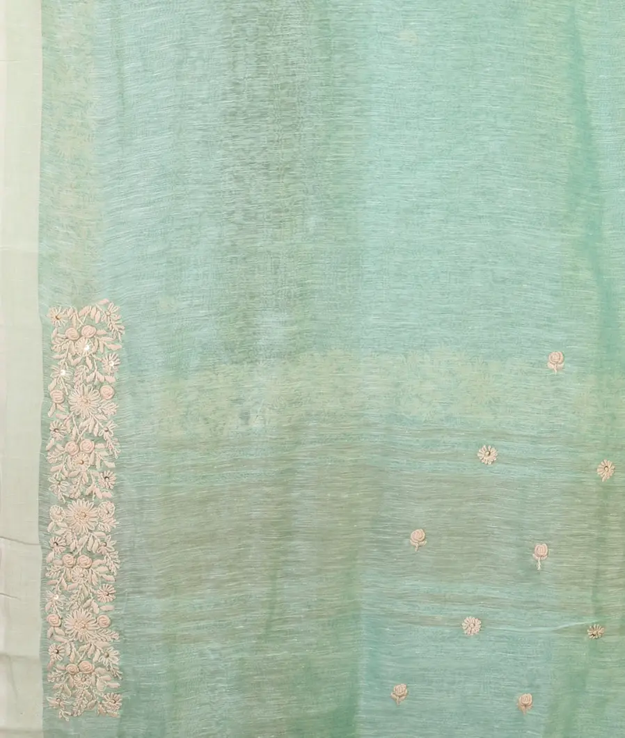 Green Linen Embroidery Saree T4582403