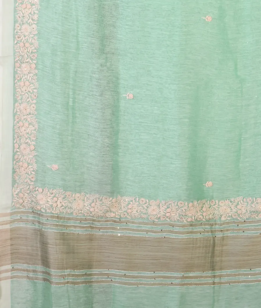 Green Linen Embroidery Saree T4582404