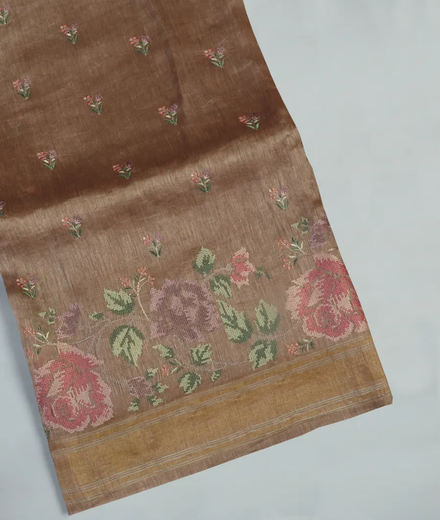 Brown Linen Embroidery Saree T454785-image
