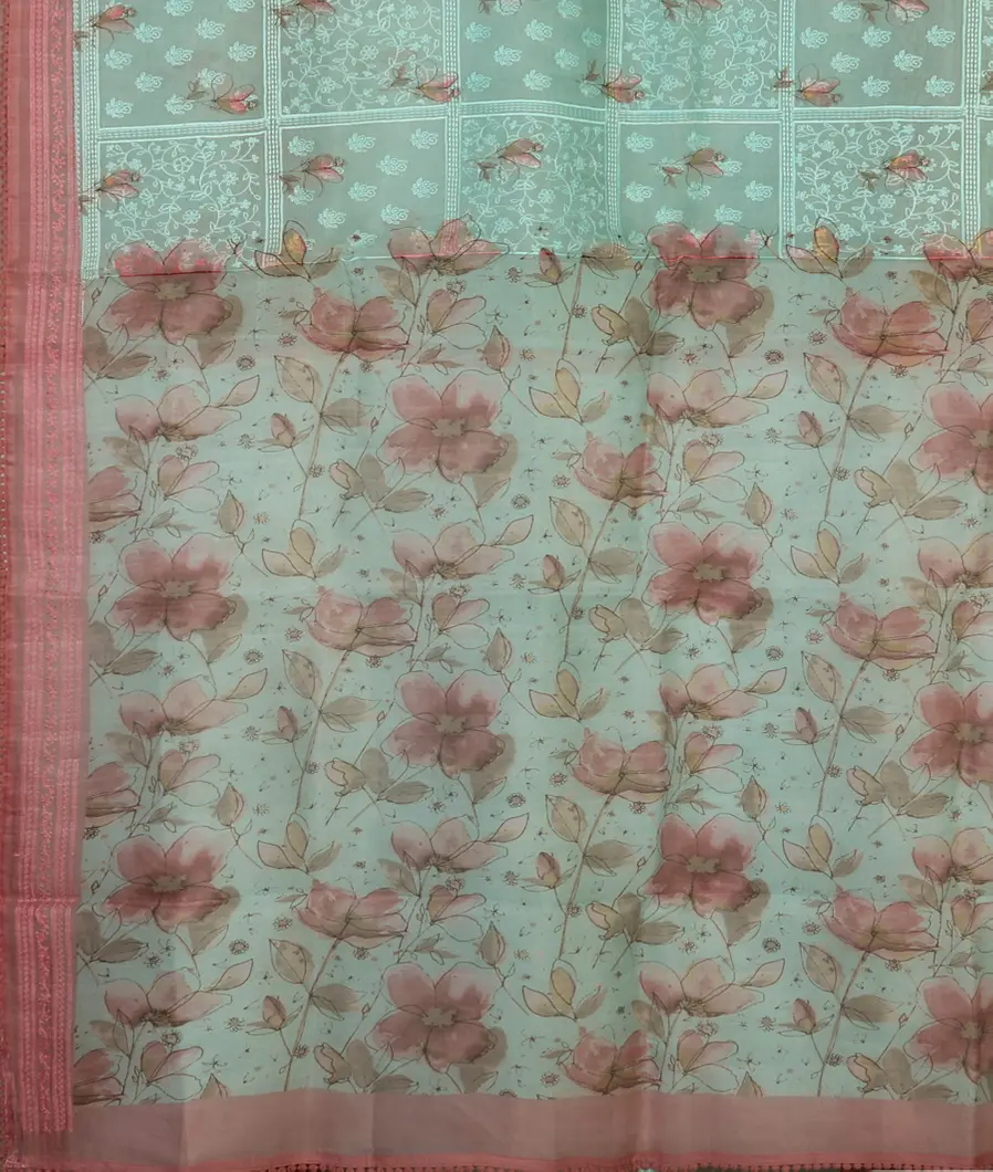 Blue Kora Organza Embroidery Saree&nbsp;T4376754