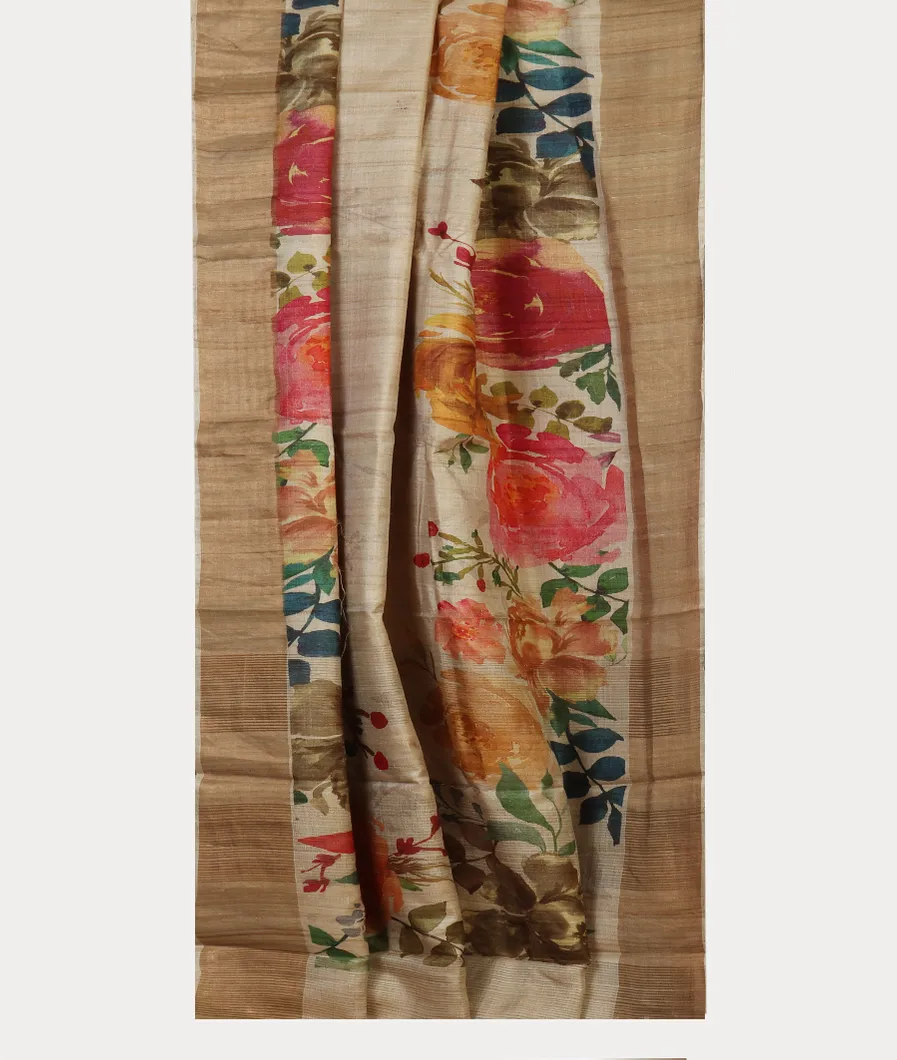 Beige Tussar Printed Saree T4621352