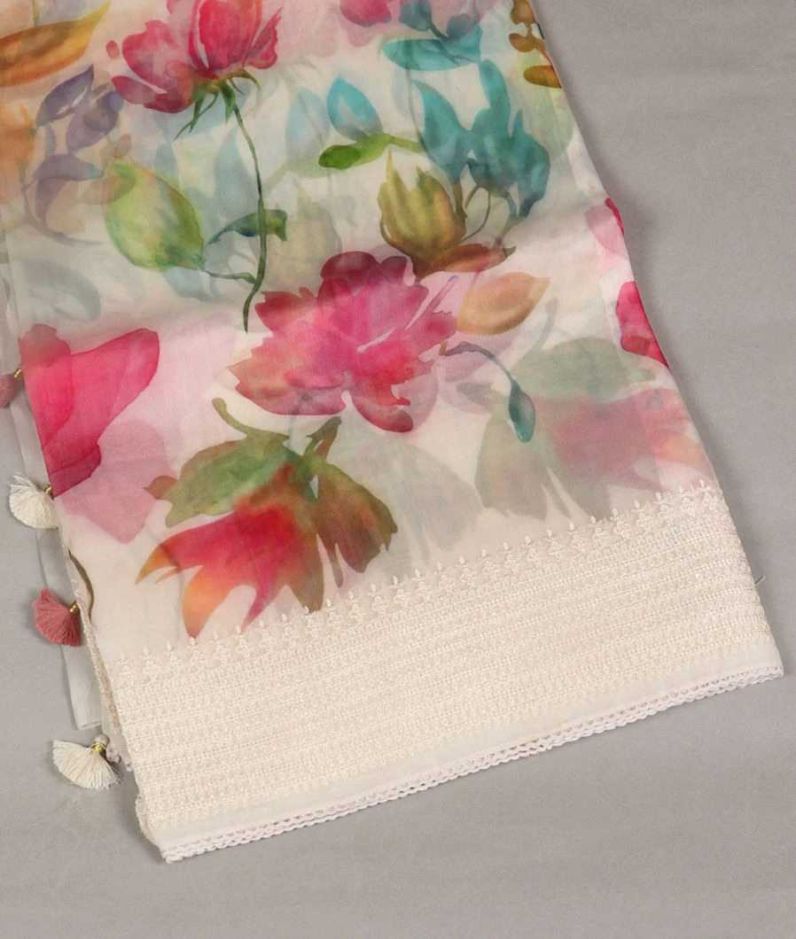 White Kora Organza Printed Saree T463563-image