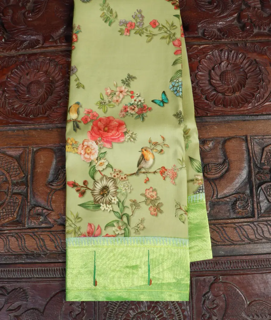 Greenish Grey Printed Kanjivaram Silk Saree With Paithani Border T453638-image